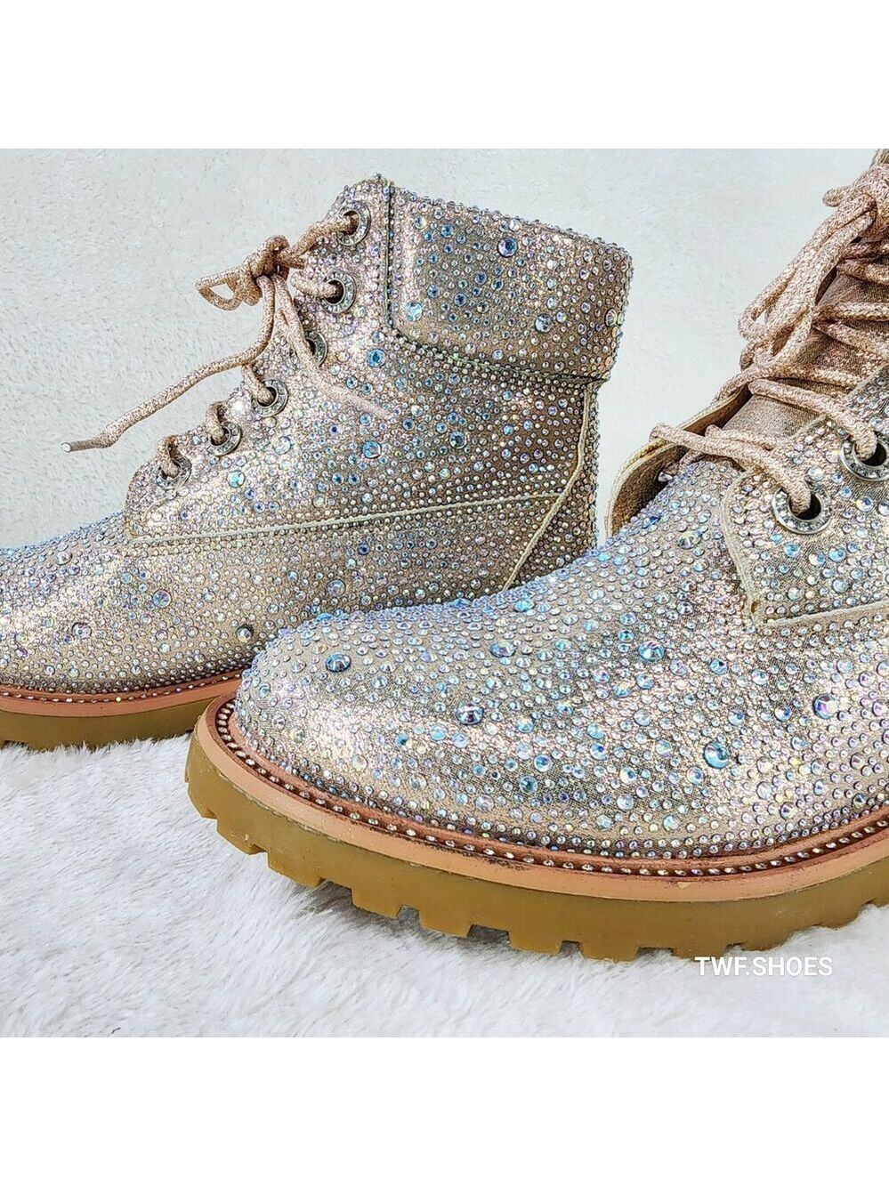 NIB Wonder Sparkling Rhinestone Combat Ankle Boots Metallic Rose Gold Champagne - Picture 11 of 12